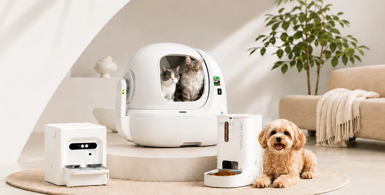 Gatos y un perro con el arenero PUROBOT ULTRA y los dispensadores PETKIT